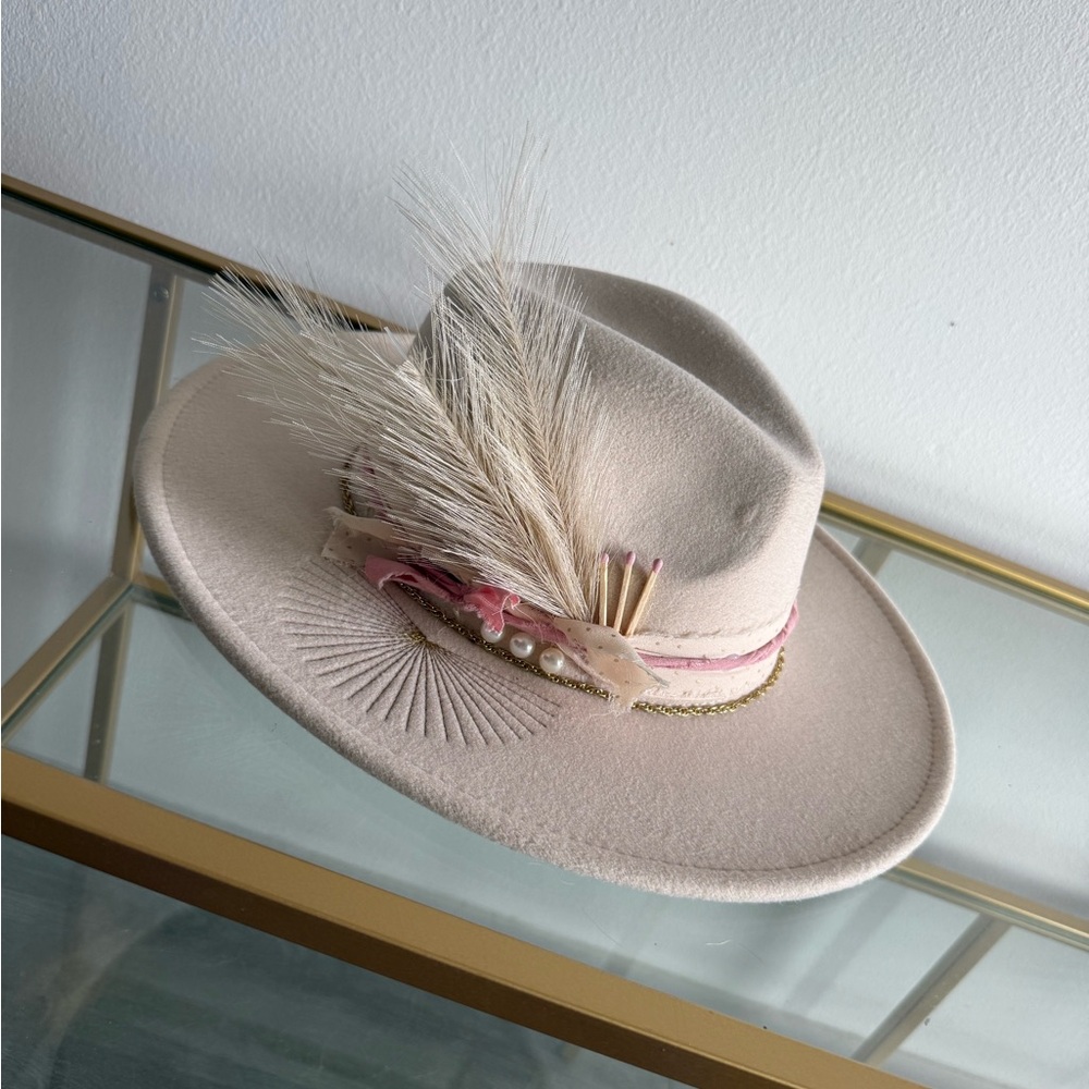 Cream Western Fedora Hat with Pink and Gold Details